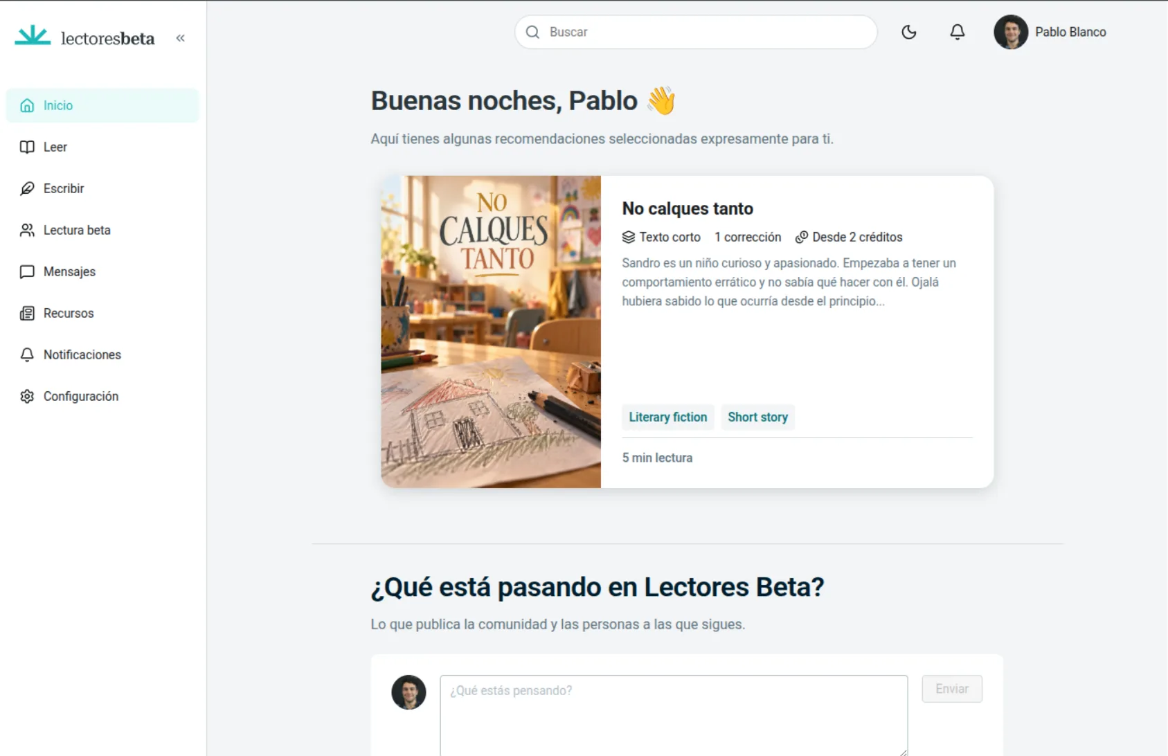 Panel de inicio de Lectores Beta con recomendaciones personalizadas y la actividad de la comunidad